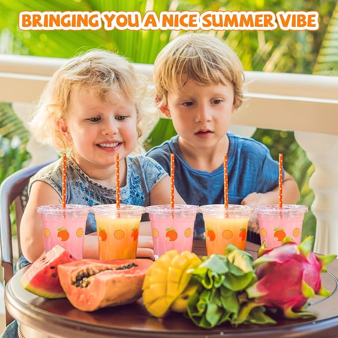 Blushtier 100 Set 12 oz Orange Disposable Plastic Cups with Lids and Straws Transparent Orange Watermelon Party Cups for Juice Water Coffee Tea Birthday Summer Fruit Party Supplies