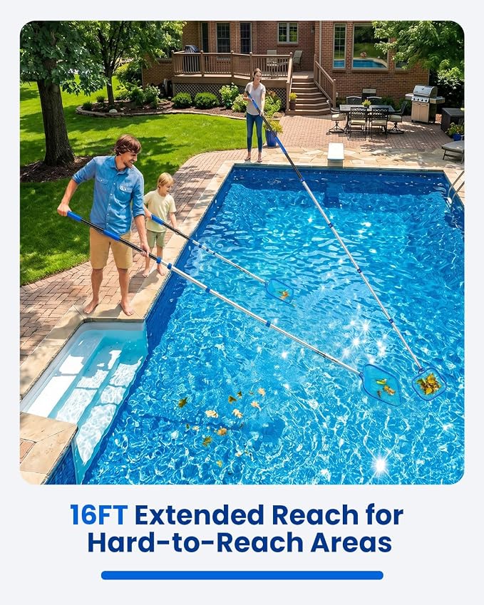 Pool Brush with Pole, 4-16 ft Telescopic Pool Pole, Heavy Duty Aluminum Pool Cleaning Brush Head, Pool Scrubber for Walls, Tiles & Floors, Fits Skimmer Net & Pool Accessories