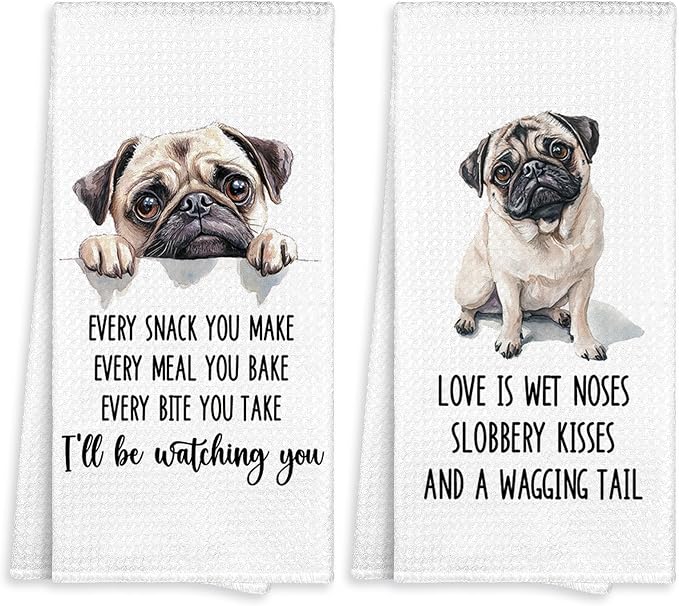 Pug Kitchen Towel Gifts for Dog Lovers Decorative Set of 2, Pug Dish Towels Dishcloths Tea Towels, Puggy Dog Waffle Weave Microfiber Hand Towel for Kitchen Bathroom Decor 16x24