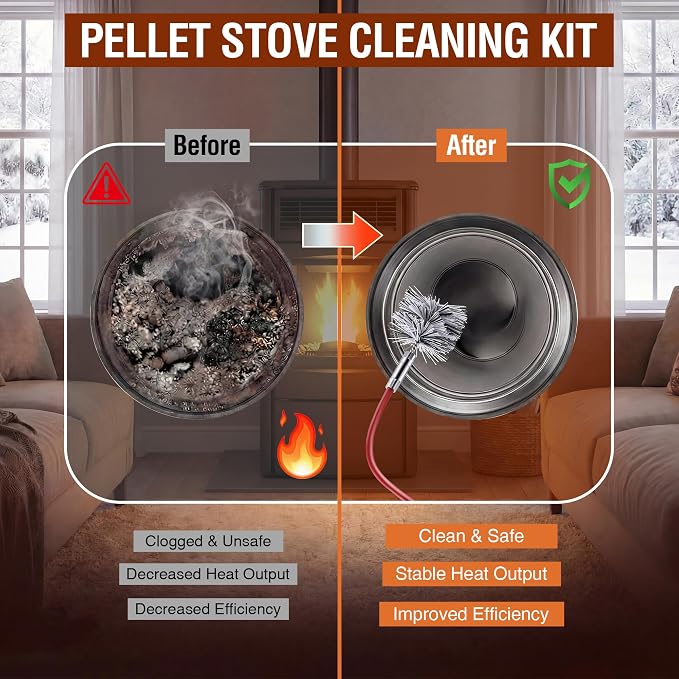 Feekoon Pellet Stove Cleaning Kit, 10 FT Flexible Steel Rod with 3" Brush Head, Flue Detail Cleaner, Pellet Stove Accessories for Vent Pipes Cleaning - Reduce Buildup & Improve Airflow