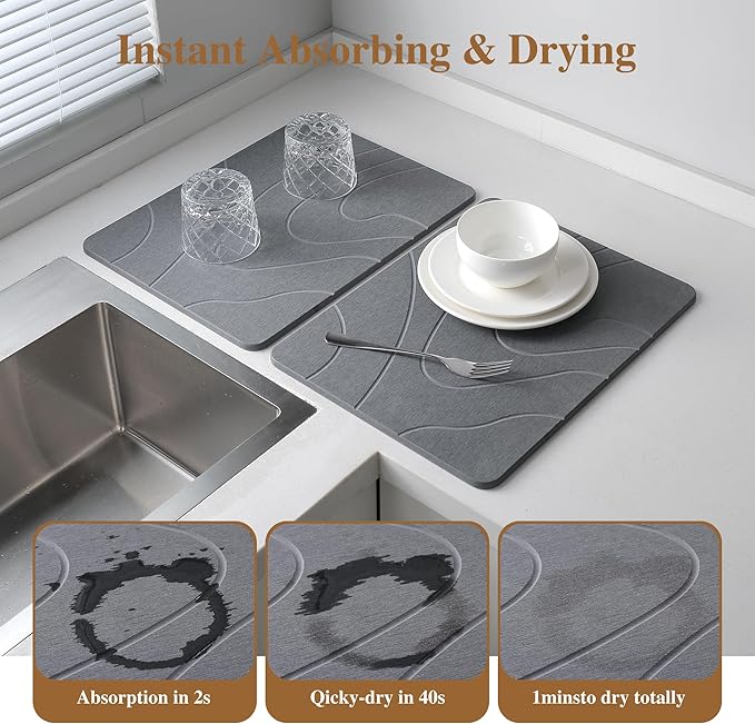 2 Pack Stone Drying Mat for Kitchen Counter,16''x12'' Quick Dish Drying Stone Mat Kitchen,Stone Dish Drying Mat,Quick-Dry Absorbent Bath & Countertop Stone Dishes Mats (Gray, 16''x12'')