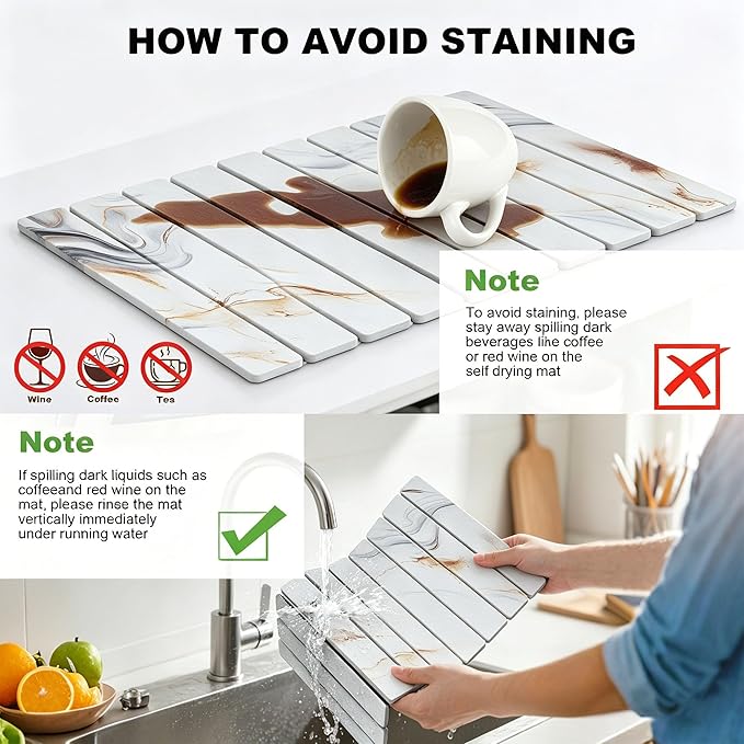 Stone Drying Mat for Kitchen Counter, Quick Diatomaceous Earth Mats for Dishes, 23.6"L x 15.7" W Super Absorbent Fast-Drying Collapsible Countertop Stone Mat (Marble White-05, 24" x 16")