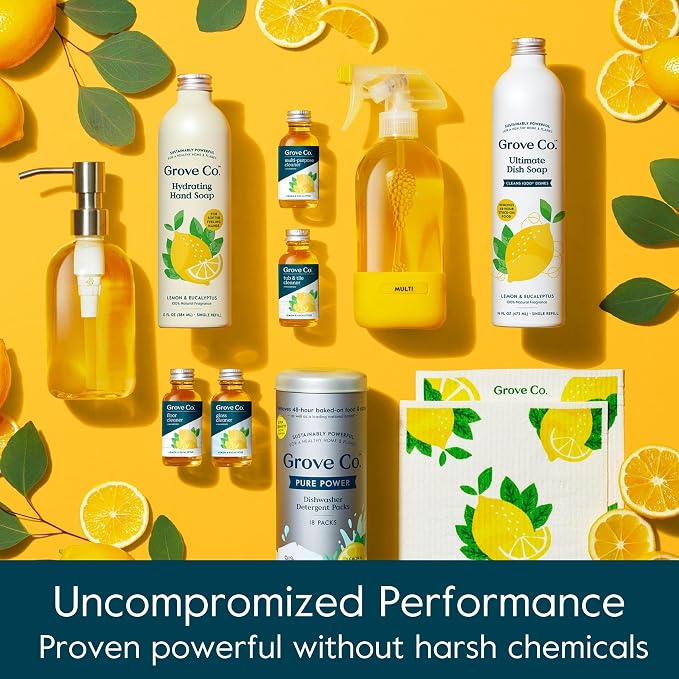 Grove Co. Multi-Purpose Cleaner Refills & Glass Bottle, Lemon & Eucalyptus | 2 refills and 1 Reusable Glass Bottle; Plant-based; No plastic waste; Ammonia & chlorine free; No Harsh Chemicals