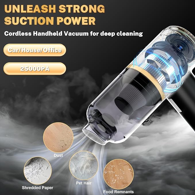 Cozylady Cordless Car Vacuum Cleaner, 30000PA Brushless Handheld Vacuum, 6-in-1 Rechargeable & Portable Handheld Vacuum Cleaner for Auto Interior, Pet Hair, Home, Office, Kitchen