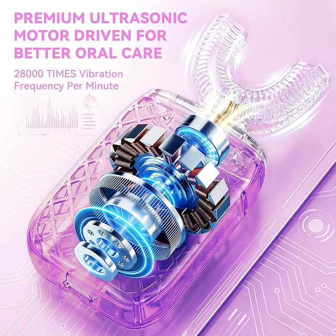Sonic Electric U Shaped Toothbrush for Adults, Automatic Full Mouth Cleaning Toothbrush, 360° Stain Removal, IPX7 Waterproof Rechargeable, 3 U-Shape & 2 Straight Brush Heads (Pink-Cup)