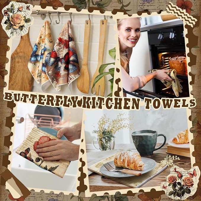 Bencailor 16 Pcs Summer Kitchen Towels Floral Butterfly Hand Dish Towels Vintage Flower Tea Dishcloths for Summer Holiday Kitchen Bathroom Home Decor Gifts, 16 x 24 Inch