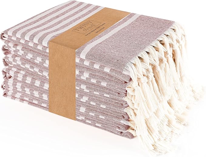 TWINY threads Set of 6 100% Cotton Turkish Kitchen Towels with Hanging Loop & Tassels (18" X 28") | Ultra Washcloth with Fringes | Reusable Hand Towels - Burgundy Wine