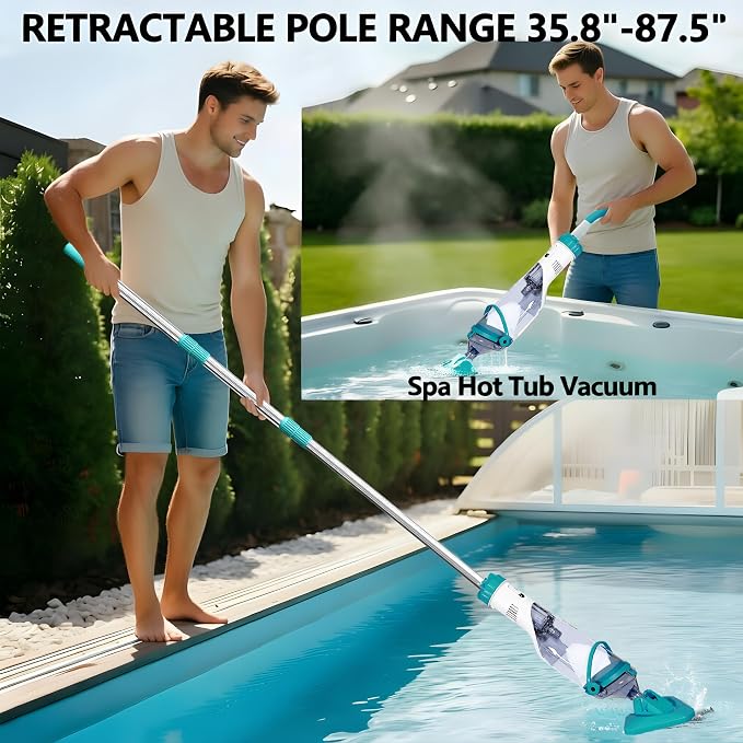 Cordless Above Ground Pool Vacuum, 19 GPM Handheld Spa Hot Tub Vacuum Cleaner with 60" Extendable Pole, 60 Min Running Time, Ideal for Cleaning Debris and Sand Underwater