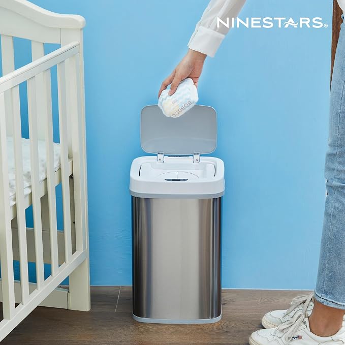 Ninestars NPT-15-1WH Automatic Touchless Motion Sensor Diaper Disposal Trash Can with lid, 4 gallon/15 L, White, Plastic