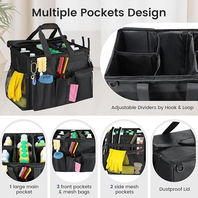 Housolution Extra Large Rolling Cleaning Caddy Bag with Detachable Trolley, Upgraded 360° Free Rotating with 5 Wheels and Dust-Proof Lid, Professional Cleaning Supplies Bag for Housekeepers, Black