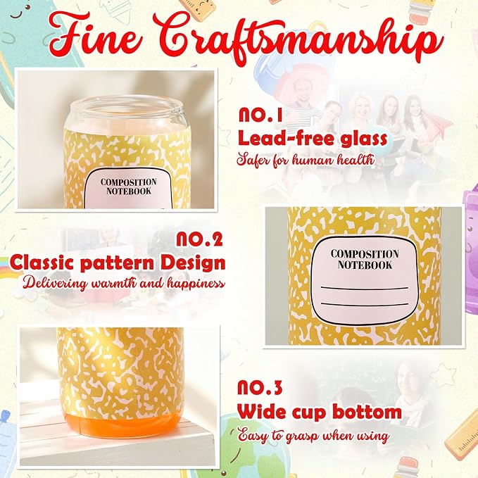 Sliner 3 Pcs Teacher Glass Cups Gifts Tumbler with Lid Straw and Apple Straw Tips 16 oz Iced Coffee Drinking Glasses Reusable Composition Notebook Cup for Student Home Office Classroom Party Supplies