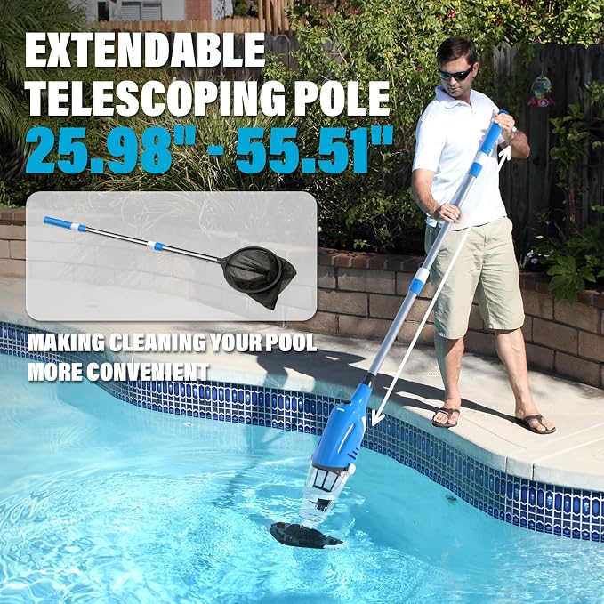 Cordless Pool Vacuum for Above Ground Pool, Handheld Rechargeable Pool Cleaner with Extension Pole, Suction up to 18.5 Gallons per Minute, 80 Mins Runtime, Ideal for Leaves & Debris for Inground Pools