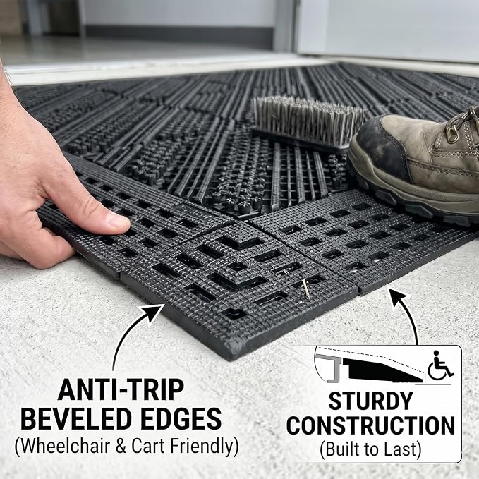 Heavy-Duty Outdoor Door Mat– Modular Interlocking Bristle Boot Scraper – All-Weather Mud & Snow Shoe Cleaner for High-Traffic Entryway, Garage, & Patio (Gray, 18" x 30")