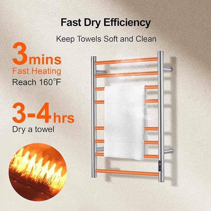 Towel Warmer Bathroom Wall Mounted Drying Rack Plug-in Electric Heated Towel Rack Stainless Steel Brushed Timer & Temperature Control 8 Bar