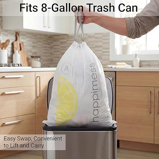 happimess 8 Gallon (30L) Drawstring Trash Bags, Lemon Scent, White, Heavy Duty MDPE Liners for Kitchen and Household, Odor Control, Custom Fit 40 Count (2 Packs of 20 Liners) HPM3100A-W-2SET