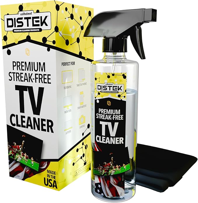 Distek TV Cleaner Spray 473 mL with Large Microfiber Cloth | Made in The USA | Easy Streak-Free Application | Safe for Flat Panel & LCD Displays, Glass Screens, Tablets, Monitors, & iPhones