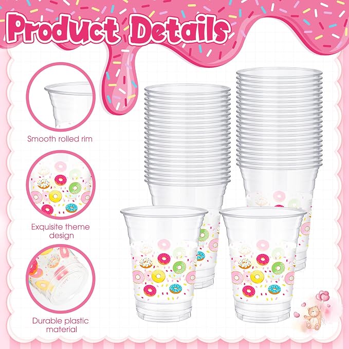 Willinglong 50 Pcs Donut Cups 12 oz Plastic Disposable Clear Doughnut Drink Cups for Donut Grow up Sweet One Birthday Party Decoration Baby Shower Summer Holiday Supplies
