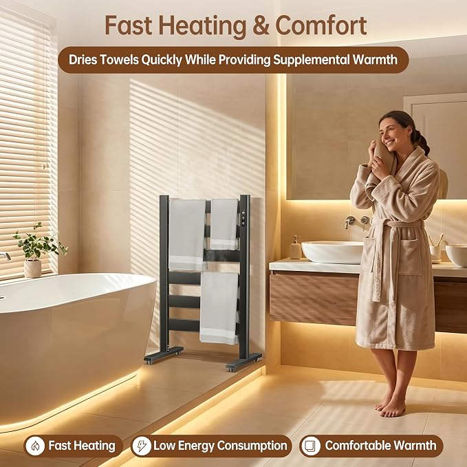 Heated Towel Rack – Rapid PTC Heating, LED Timer Control, High Temp & Large Capacity – 6 Bars Premium Freestanding Bathroom Towel Warmer,Matte Black