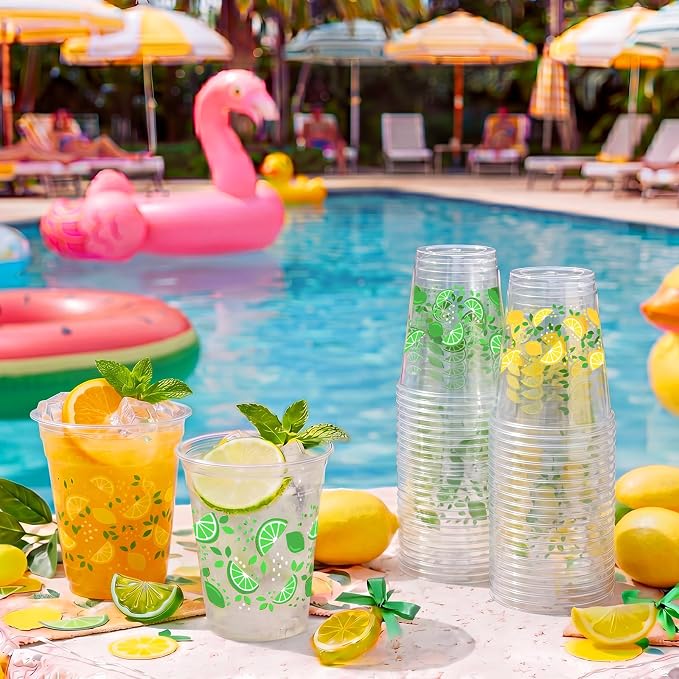 Uiifan 50 Pcs Lemon Plastic Cups 12 oz Lemonade Stand Supplies Green Yellow Lime Lemon Disposable Clear Drinking Cup Summer Hawaiian Luau Party Decoration for Birthday Wedding Bridal Baby Shower Party