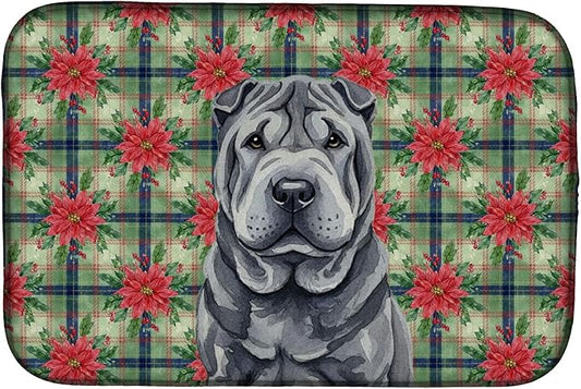 Caroline's Treasures Black Shar Pei Christmas PoinsettIas Dish Drying Mat Absorbent Dish Drying Mat Pad for Kitchen Counter Dish Drainer Mat for Countertop, 14 x 21", Multicolor