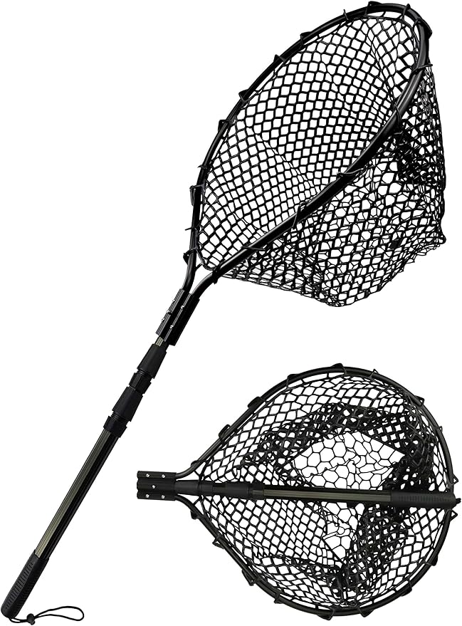 Hlotmeky Extra Long Fishing Net - 70" Telescoping Handle Large Rubber Landing Net for Kayak, Pier & Boat - Foldable Heavy Duty Saltwater Net - Catch & Release Snag-Free Mesh for Large Fish