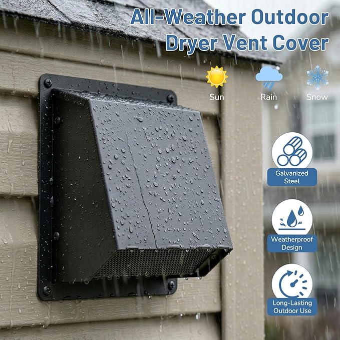 3 Inch Dryer Vent Cover Outside, Galvanized Steel Exterior Hooded Wall Vent Cover with Removable Screen & Cushioned Backdraft Flap, Exhaust Vent for House Through-Wall Dryer Vent Kit (Black - 3 Inch)