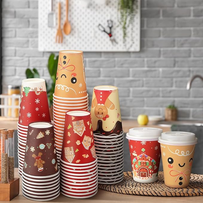 Gerrii 100 Set Christmas Paper Cups Disposable 12 oz with Lids Hot Chocolate Cups Coffee Cups Holiday Hot Cups for Hot and Cold Drinks Tea Water Bar Supplies Winter Season (Gingerbread Man Style)