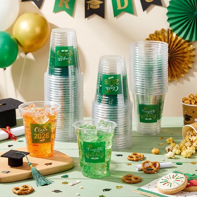 Amyhill 100 Pack 12oz Graduation Cups 2026 Graduation Decorations Disposable Plastic Cups Sturdy&Durable Drinkware for Class of 2026 Decorations Congrats Grad Party Favors Supplies (Green)