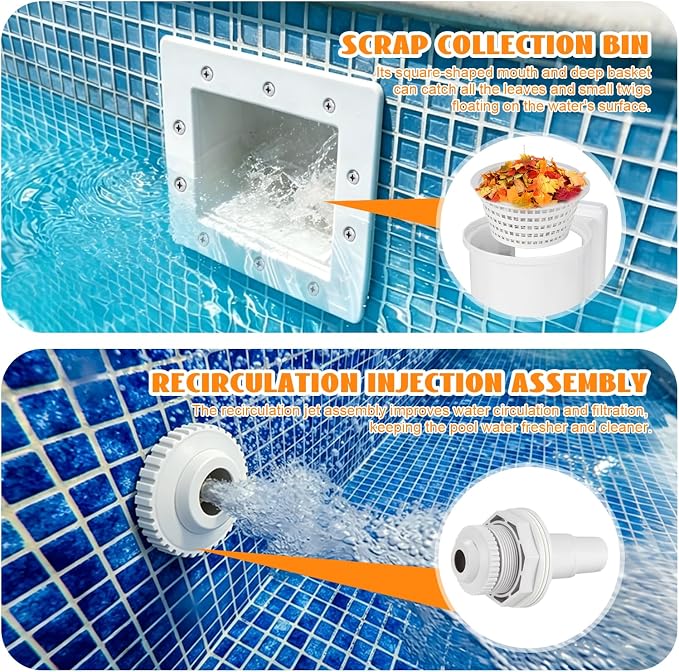 Above Ground Pool Skimmer Kit,Thru-Wall Skimmer with Accessories,Heavy Duty WallMount Pool Skimmer for Standard Pool Wall Openings,for Filter Leaves, Hair ect.(White)