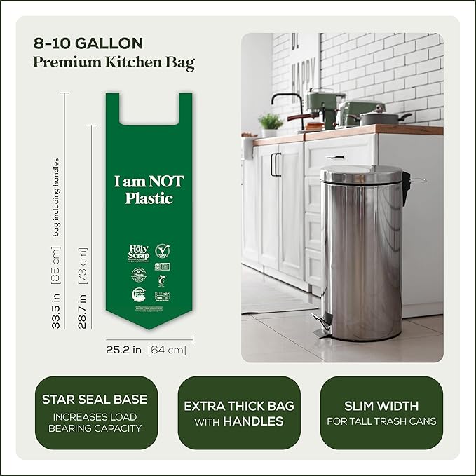 Large Slim Compostable Trash Bags - 8-10 Gallon, 30 Pack | Plastic-Free Tall Kitchen Garbage Bags & Liners with Easy-Tie Handles | Thick Bin Bag Liners for Green & Food Waste