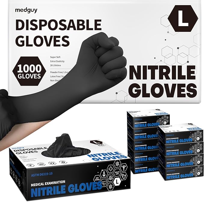 Medguy Powder-Free Nitrile Exam Gloves, 4 Mil, 1000 Count, Black Food-Safe Disposable Gloves for Medical, Cooking, Cleaning