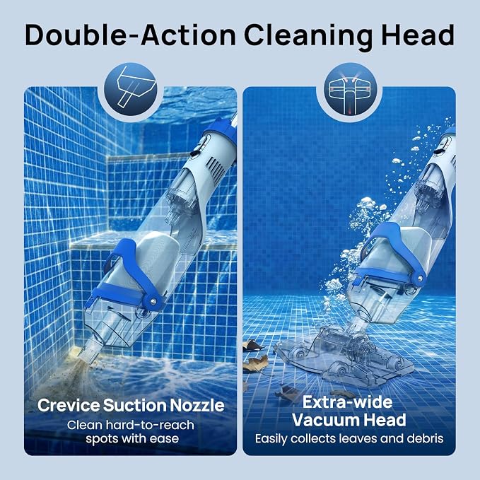 Pool Vacuum for Above Ground & Inground Pools, Consciot Cordless Handheld Rechargeable Pool Cleaner, 1110 GPH Suction, 75Min Runtime, Telescopic Pole up to 87.5", See-Through Head for Spas & More