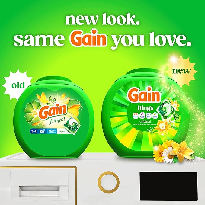 Gain Flings Liquid Washing Detergent Pacs, Now with Odor Defense + Color Guard, Original Scent, 4-In-1 Liquid Laundry Detergent Pods, Clean & Fresh, 76 Count (Packaging May Vary)
