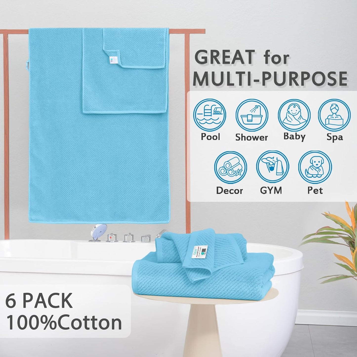 Towels for Bathroom - 100% Cotton | Quick Dry | Lightweight | Thick | Soft, Towel Set of 6, 2 Large Bath 30"x56", 2 Hand 18"x28", 2 Wash Cloths 13"x13", Luxury Towel Gift Set, Blue Towels Bathroom Set