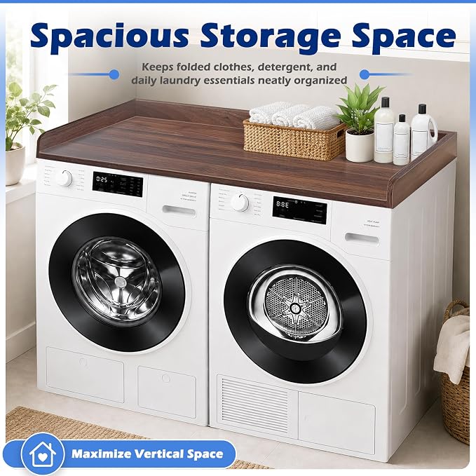 ROYXEN Washer Dryer Countertop, Laundry Countertop Solid Wood, Countertop for All Front-Loaded Washing Machine and Dryer, Extra Room for Laundry Room, Walnut Color