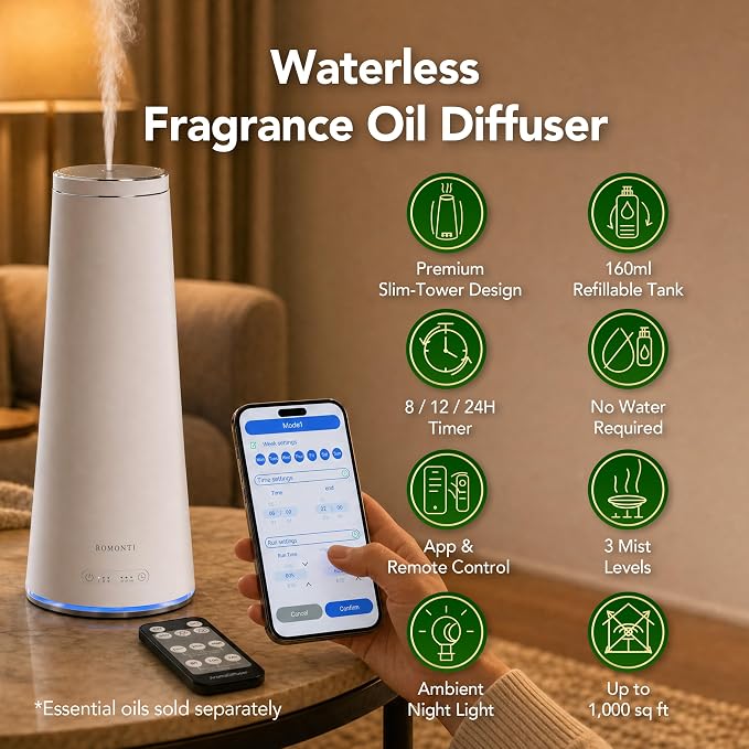 Waterless Essential Oil Diffuser for Home & Commercial Spaces, Smart App & Remote Control Cold-Air Nebulizing Diffuser, 160ml, Covers up to 1,500 sq ft, 8/12/24H Timer, Quiet 38dB