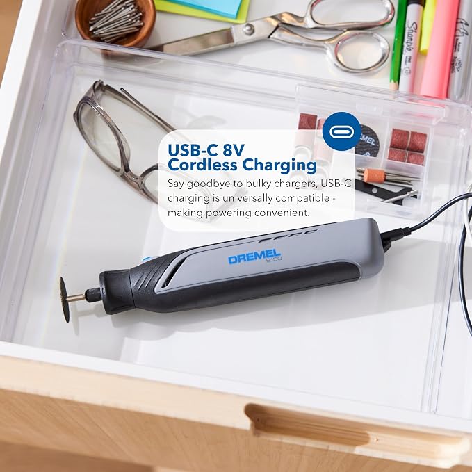 Dremel 8150 8V Cordless Rotary Tool Kit with Brushless Motor and LED Nose Cap - Variable Speed 5,000-30,000 RPM, USB-C Rechargeable and 20 Rotary Tool Accessories