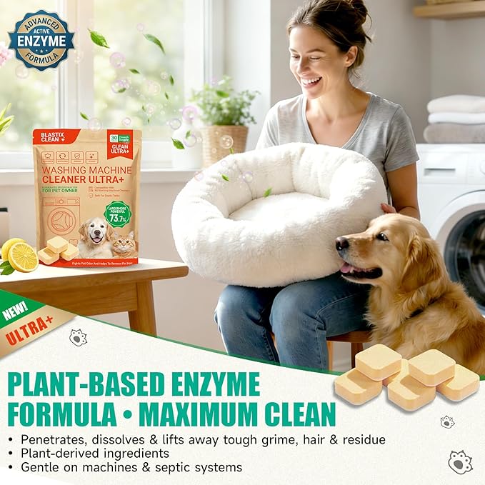 BLASTIX Ultra+ Plant-Based Washing Machine Cleaner Tablets | 30 Count | Pet Hair & Odor Control | Light Lemon Scent | Recyclable Kraft Paper Packaging