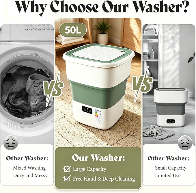 Portable Washing Machine, 50L Large Capacity Foldable Mini Washer with Spin Basket, Adjustable Wash 2–10 Min & Spin 1–6 Min Timer, for Apartment, RV, Camping, Dorm, Travel (Green)