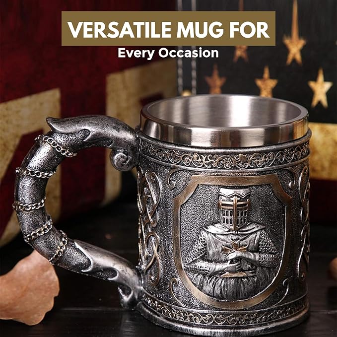 Rite Edge Knights Templar Mug 500-600ml - Resin & Stainless Steel - Unique Medieval Templar Design - Handcrafted Collector’s Mug - Ideal for History Buffs & Fantasy Fans