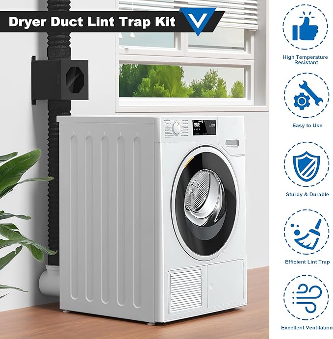 Dryer Lint Trap, Metal Dryer Duct Lint Trap Lint Catcher Collector Box with 90 Degree Dryer Vent Elbow Connector Kit 2 Filter Screens 4 inch Exhaust Hose Clamps Aluminum Foil Tape Cleaning Brush