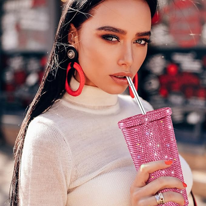 Mimorou Studded Bling Diamond Tumbler Glitter Water Bottle with Lid Stainless Steel Vacuum Thermal Straw Rhinestone Tumbler with 1 Pcs Cup Brush 6 Pcs Straw Brushes for Women(16.9 oz,Pink)