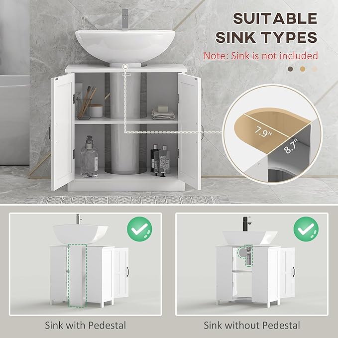 kleankin Pedestal Sink Storage Cabinet, Under Sink Cabinet with 2 Doors and Adjustable Shelf, Bathroom Vanity with U-Shape Cut-Out, White