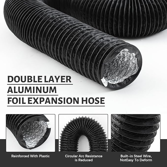 Zonon Dryer Vent Hose 4 Inch X 8 Feet Flexible Aluminum Foil Ducting Non Insulated with Stainless Steel Clamps and Aluminum Tape for Pipe, HVAC Heating Cooling Ventilation and Exhaust(Black)