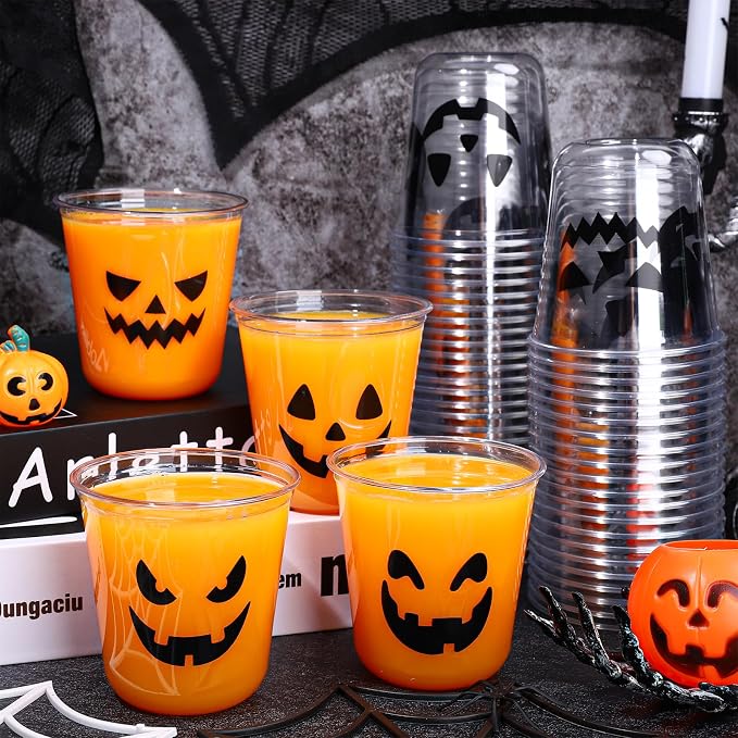 JarThenaAMCS 60Pcs Halloween Plastic Cups Spooky Pumpkin Face Disposable Clear Stemless Wine Cocktail Glasses 12 Oz PET Drinkware Cups Set for October Trick or Treat Birthday Party Supplies