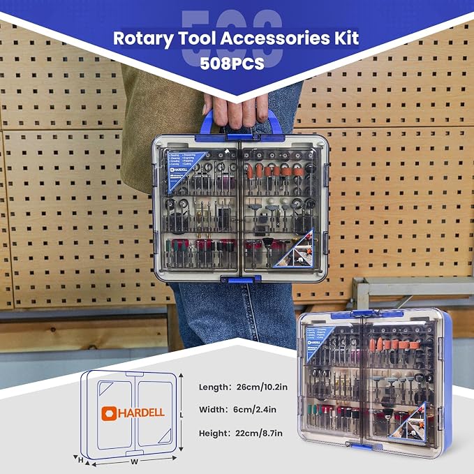 HARDELL 508PCS Rotary Tool Accessories Kit for Sanding Cutting Polishing | 508PCS Accessories · 1/8" Shank · Multi-Size Collets · Sanding Cutting Polishing · Organized Case