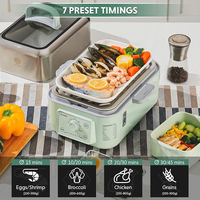 BUYDEEM G52 5.3 Quart Electric Food Steamer for 1-3 Servings, Vegetable Steamer for Cooking, 2-hour Keep Warm, 7 Preset Timings, Dual Boil-Dry Protection, Stainless Steel, Cozy Greenish