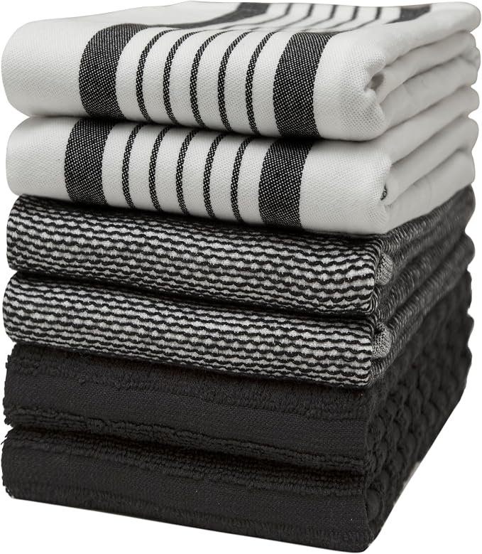 Premium Kitchen Towels (20”x 28”, 6 Pack) | Large Cotton Dish Towels | Flat & Terry Highly Absorbent Kitchen Linen Set with Hanging Loop | Black Striped