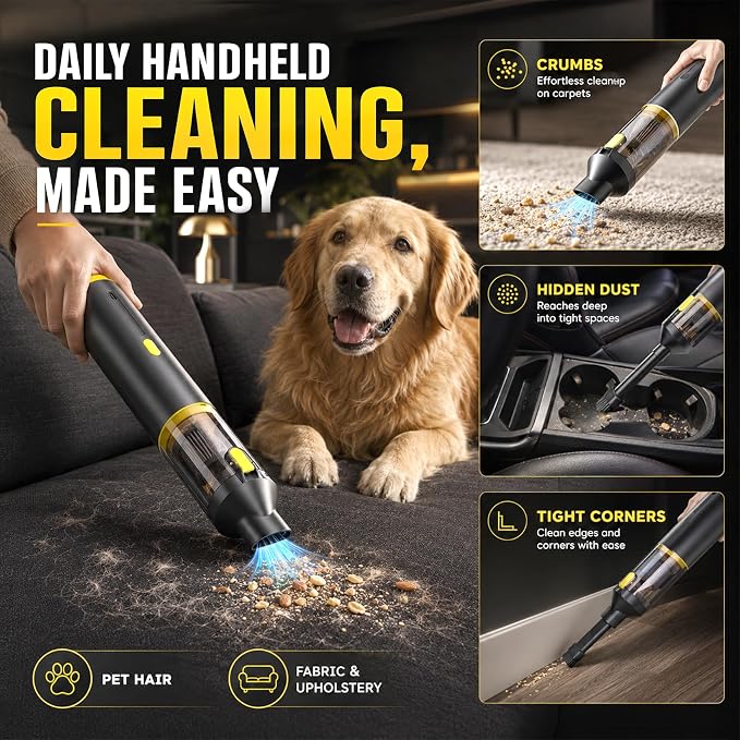 CROS Handheld Car Vacuum Portable Cordless 3 Suction Modes, 16000Pa 4-in-1 Mini Vacuum with Interchangeable Accessories for Car, Small Jobs, Keyboard and Office
