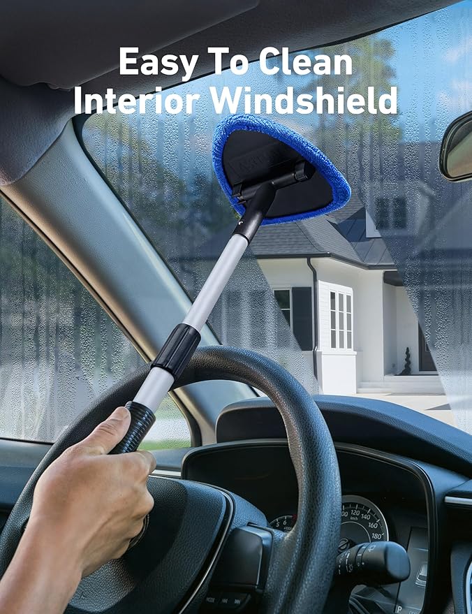 AstroAI Windshield Cleaner Tool, Car Interior Detailing Cleaning Kit with Extendable Handle and 4 Upgraded High-Density Reusable Microfiber Pads, Auto Glass Wiper Brush Kit for Cars, Blue, 15.9in-21in